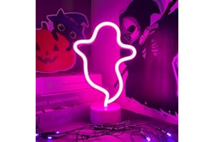 BERNICEKELLY Halloween Decoration Ghost Neon Sign with Base, Halloween LED Ghost Neon Light Sign, Ghost Shape Lamp with Battery or USB Powered for Halloween Party,Bar,Room Décor (Pink)