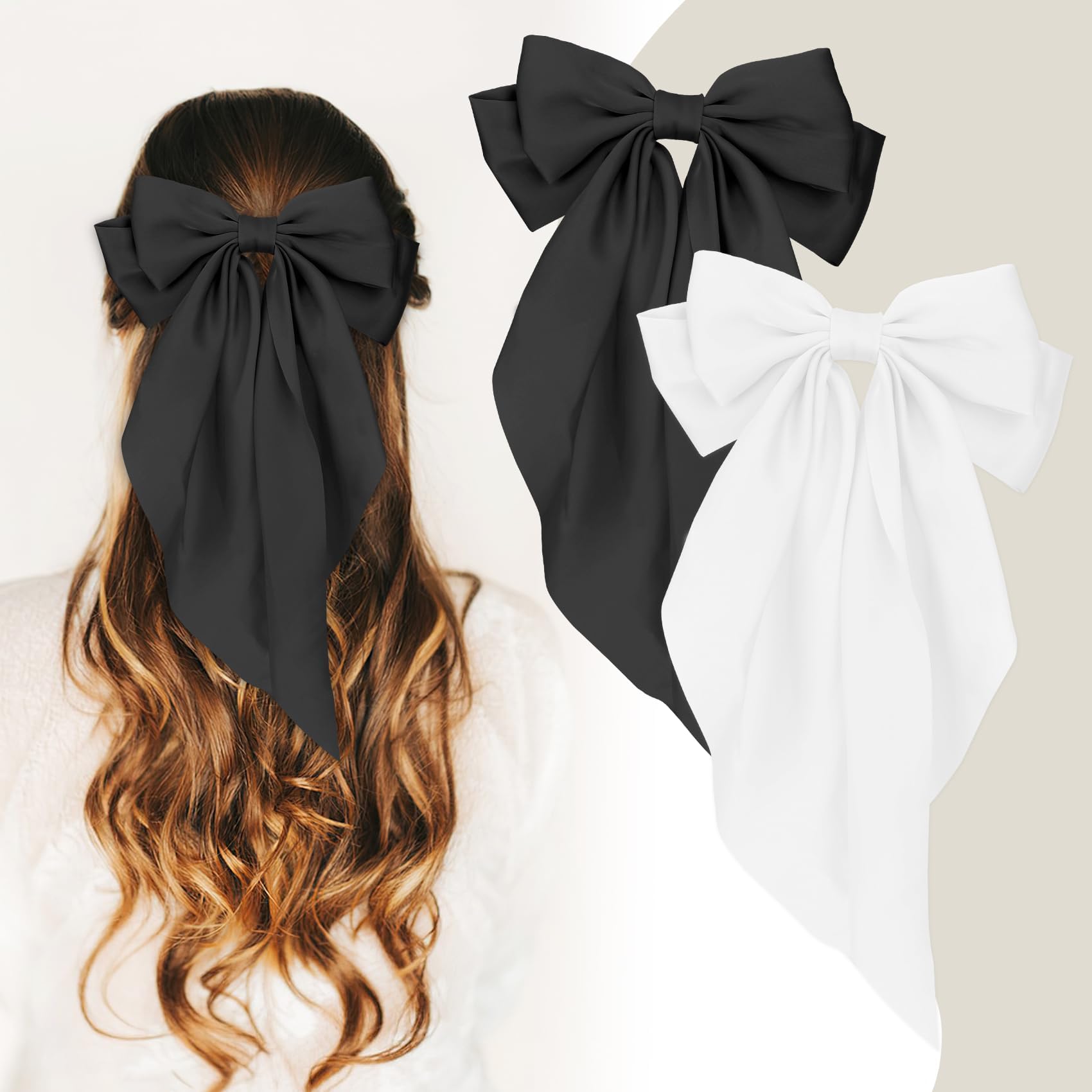 2pcs Black Beige Bow Hair Clips for Women, Soft Satin Silky Hair Bows with Long Ribbon, Cute Gifts for Women Girls