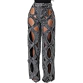 Womens High Waisted Jeans Y2K Trendy Hollow Out Criss Cross Wide Straight Leg Baggy Denim Pants
