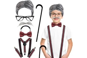 Joy Bang 100 Days of School Costume Boys, Old Man Wig for Kids, Old Man Costume, 6 Pcs Pretend to be Grandpa Costume, 100th Day of School Dress Up Accessories, Grey Old Man Cosplay for Men