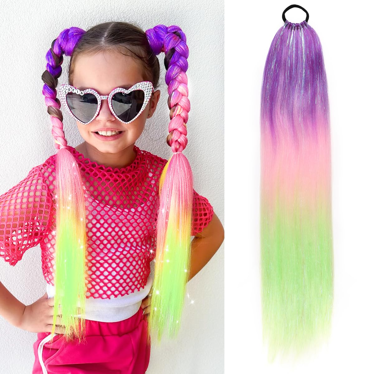 Rainbow Ponytail Extensions With Hair Tie 1 Packs 100g Coloured Hair Extensions for Braiding 26 inch Colorful Ombre Mermaid Pony Tail Synthetic Hair Extensions for Girl Women(#3-10) โ image 1