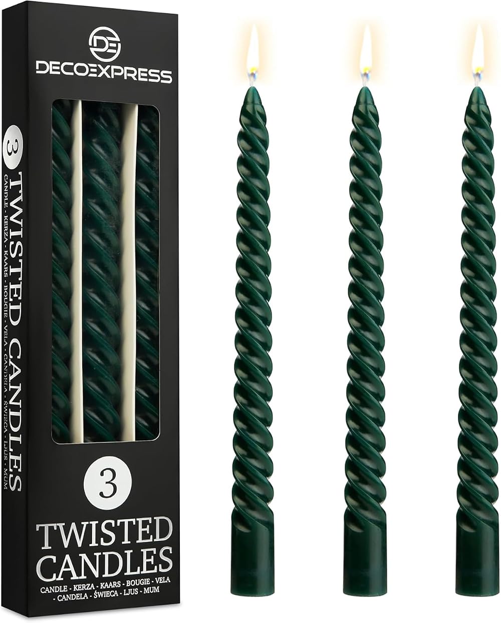 DECO EXPRESS Candles Pack of 3 Twisted Non Drip 6 Hour Burn Green