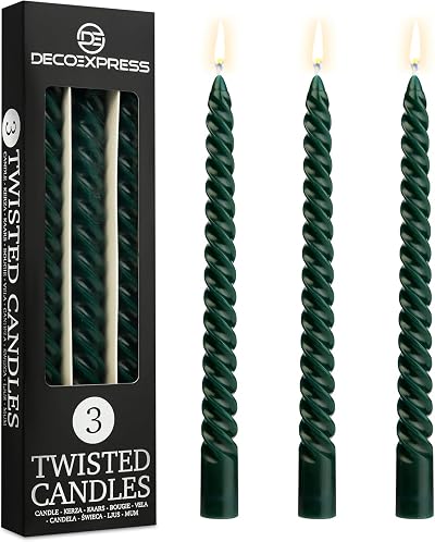 DECO EXPRESS Candles Pack of 3 Twisted Non Drip 6 Hour Burn Green