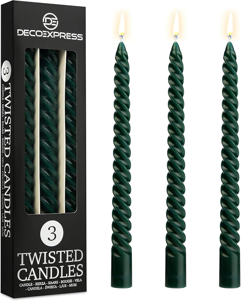 DECO EXPRESS Candles Pack of 3 Twisted Non Drip 6 Hour Burn Green