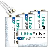 LithoPulse 4 Pack 9V Lithium Batteries Rechargeable 1200mAh 9 Volt Battery | Compatible Smoke Alarm Detector Cameras Home Security Devices guitars and microphones with 2-in-1 USB-C Charging Cable