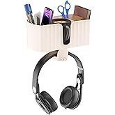 4 in 1 Desk Cup Holder with Storage — Clamp-On Under Desk Cup Holder & Rotating Headphone Hanger, Built-in 2 Wire Holes, Detachable Storage Compartment for Cups, Phones & Pens Desktop Accessories