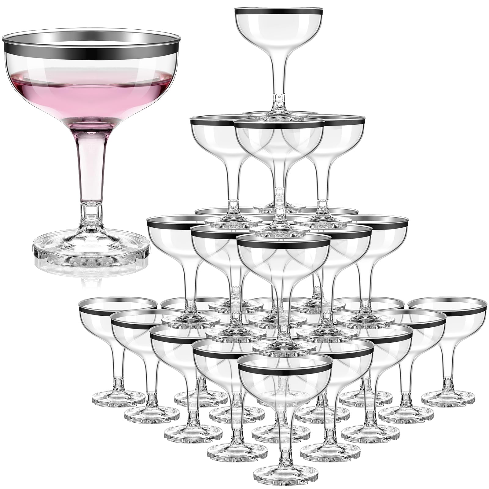 Photo 1 of Zopeal 50 Pcs Plastic Champagne Glasses 5 oz Plastic Coupe Disposable Cocktail Cup for Wedding Party Birthday Anniversary Stackable Reusable Martini Glasses (Black Rim,Clear)