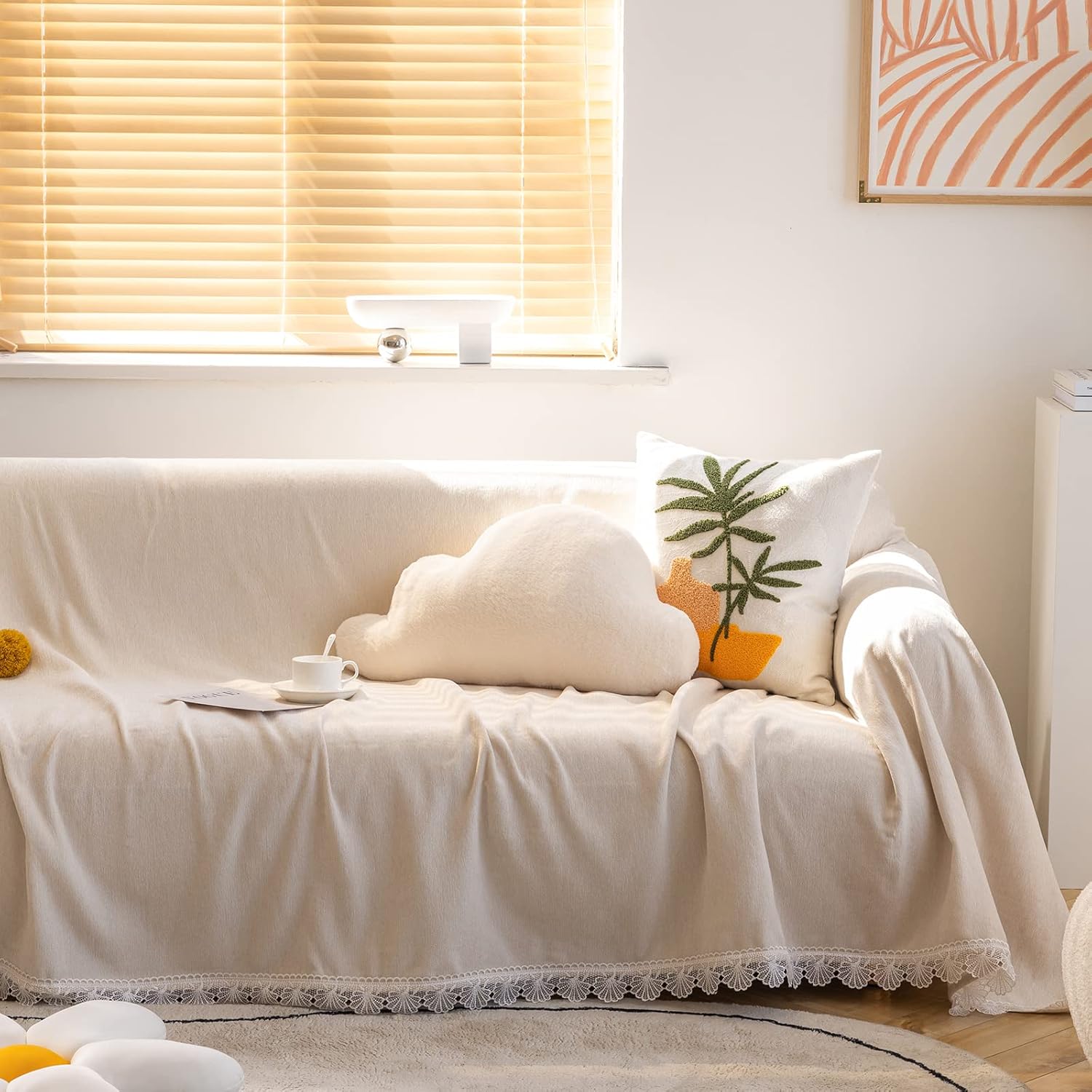 Slipcovers - HANDONTIME Beige Couch Cover for Dogs with White Lace Ivory Sofa Covers, Couch Cusion Cover, Sectional Couch Covers, Chenille Thick Sofa Cover for 2 Cushion Couch Durable Couch Decor, 71'' x 118''