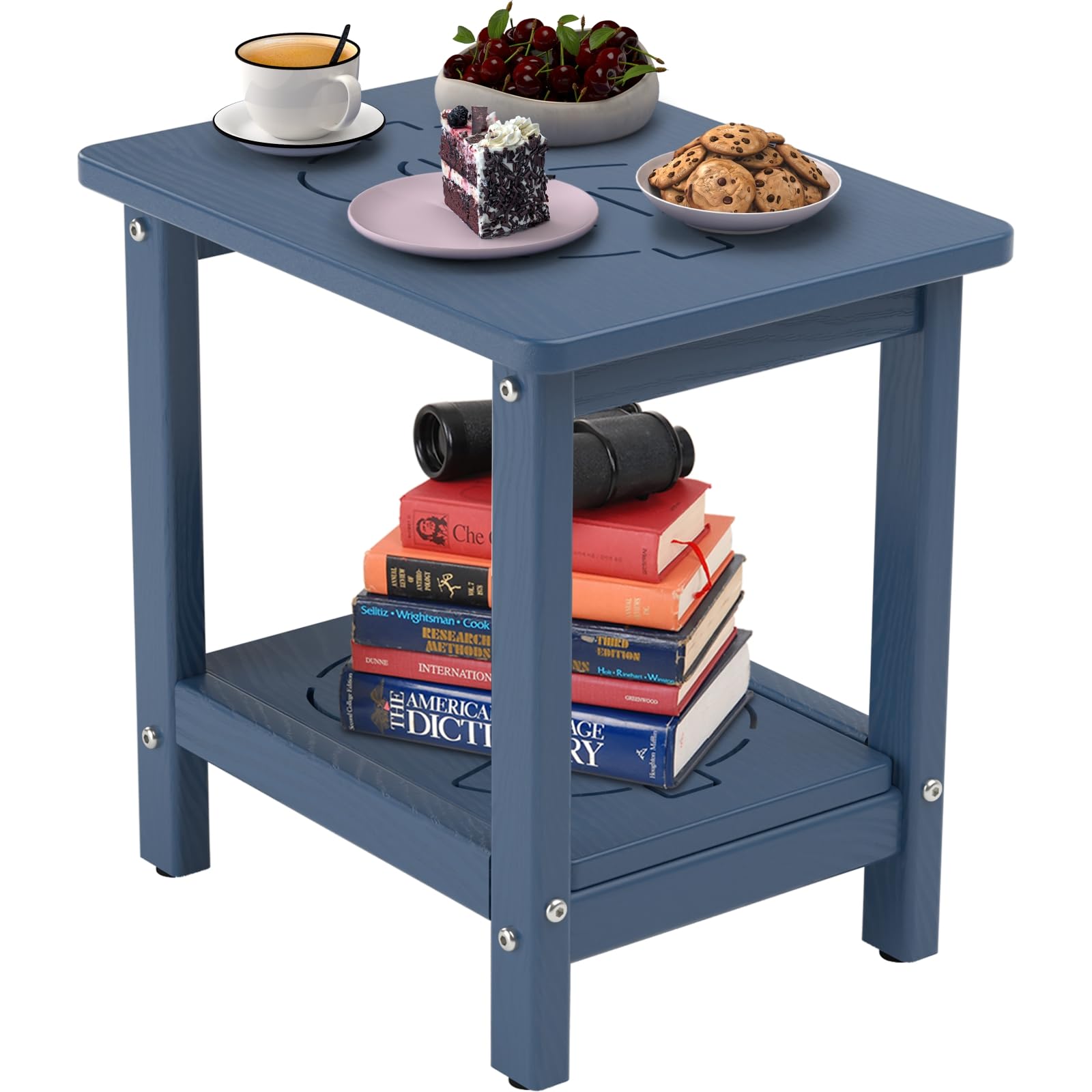 Photo 1 of BIVODA 16.6'' HDPE Outdoor Side Table, Weatherproof Small Outdoor Table for Adirondack, Patio, Porch, Balcony, Poolside (2-Tier, Navy Blue)