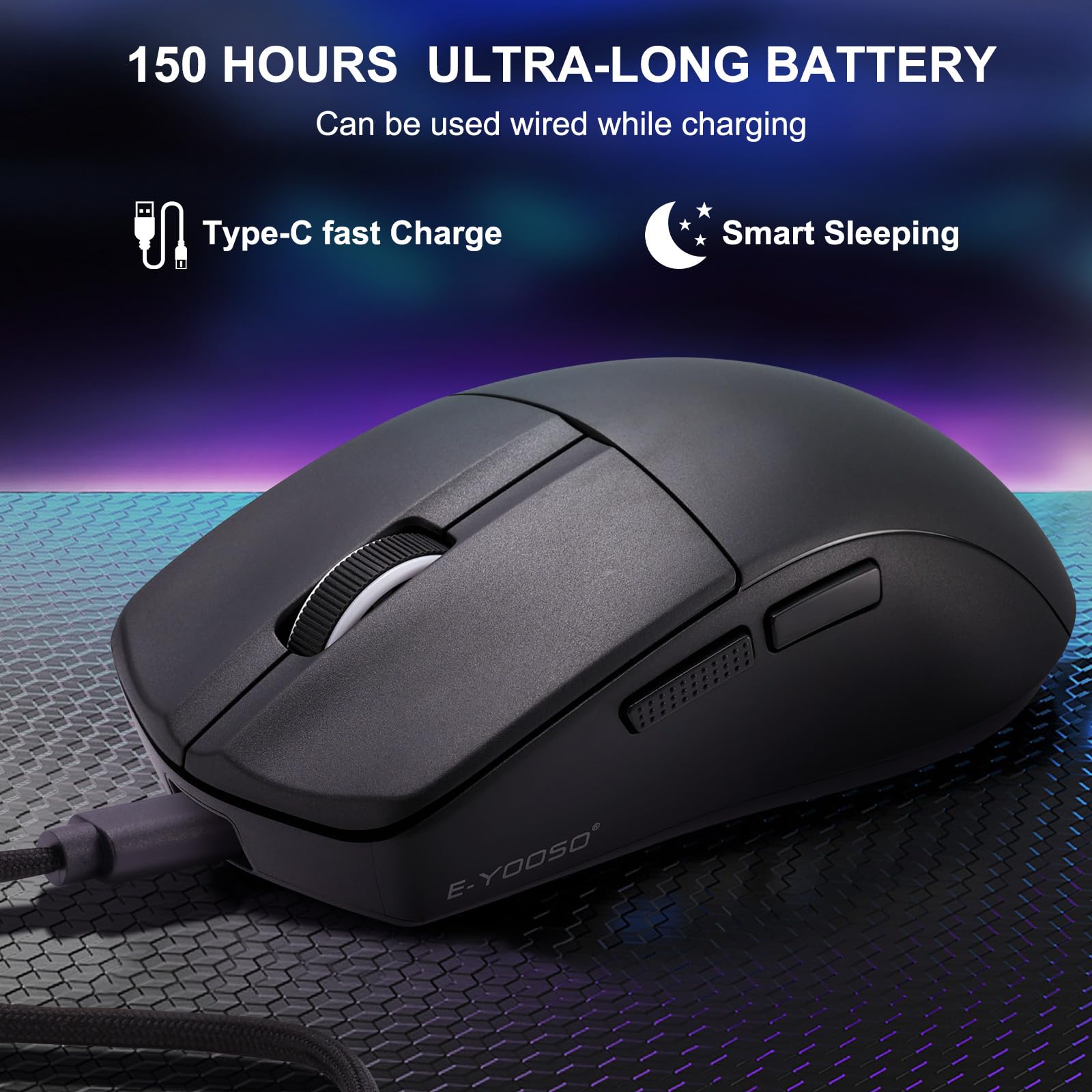 HUO JI E-YOOSO Wireless Gaming Mouse, 49g Superlight, Bluetooth 5.1/2.4G/Wired, 26,000 DPI, 5 Programmable Buttons, 150 Hr Rechargeable Battery, Software Support for PC, Mac, Black