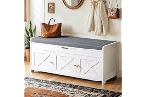 AMADA HOMEFURNISHING Amada Shoe Storage Bench, Entryway Bench with Cushioned Seat & Lift Top Storage, 3 Doors, Adjustable Shelf, 300 lbs Capacity, Bench with Shoe Rack for Entryway, Bedroom, Living Room, White