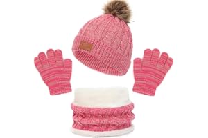 ENWOKRAN 3pcs Kids Winter Hat Scarf Gloves Set, Fleece Lining Beanie Hat with Pom, Knit Gloves Neck Warmer for Girls Boys 2-6 Years