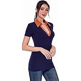 AmélieBoutik Women Color Trim Collared V Neck Short Sleeve Top