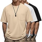 Ficerd 3 Pack Men's Big and Tall T Shirt, Short Sleeve Pocket Cotton Tee Crew Neck Lightweight Tops Solid Loose Fit Shirts(Black, White, Apricot,XX-Large)