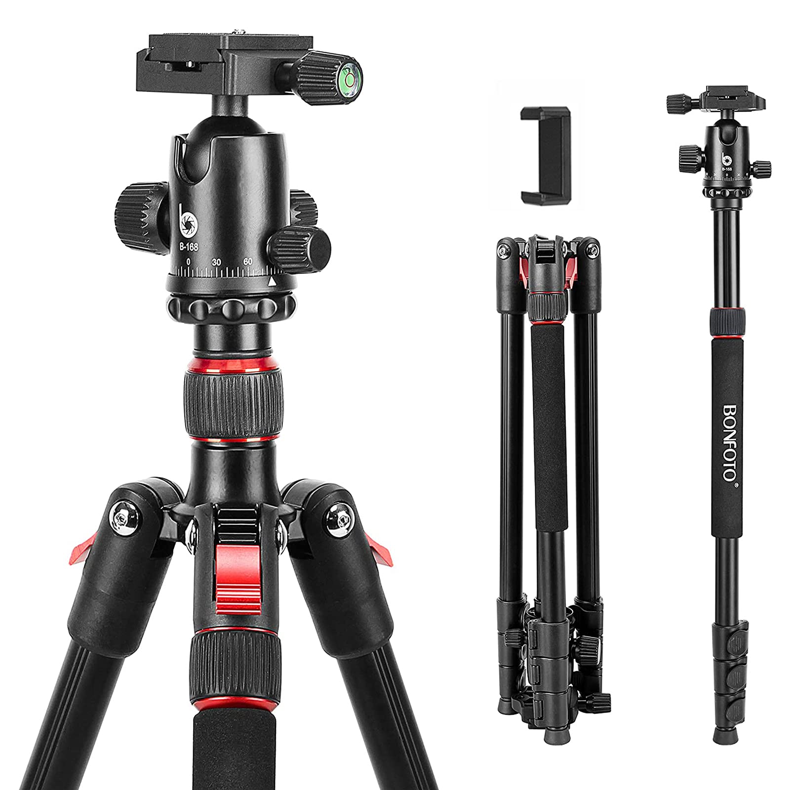 BONFOTO B168 Camera Tripod, 70 Inches Lightweight Aluminum Travel Tripod, Photography Tripod with 360 Degree Ball Head and 1/4" Quick Release Plate