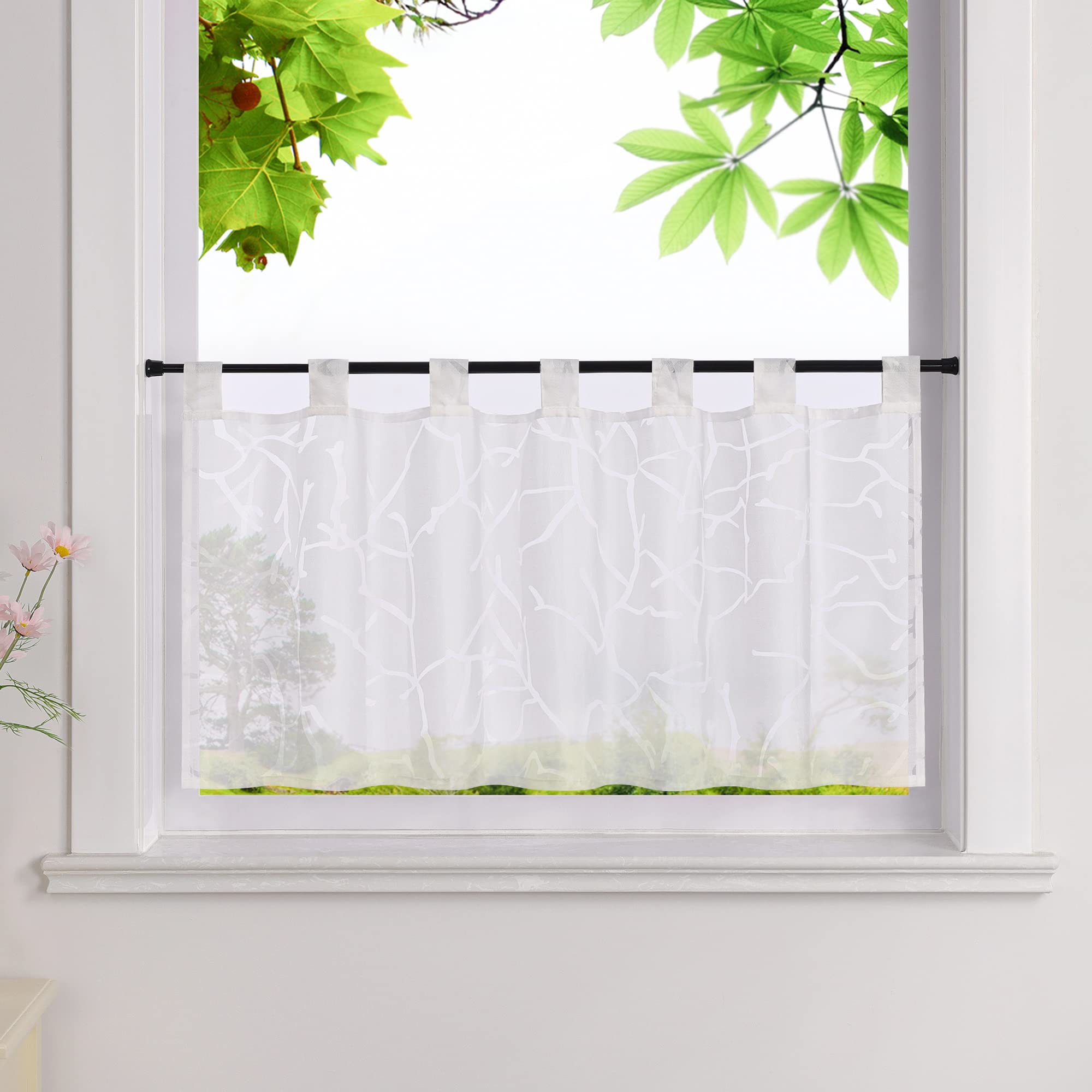 Heichkell Burnout Window Curtain Short Curtains Transparent Tabs Kitchen Curtain Branch Pattern H x W 60 x 120 cm White