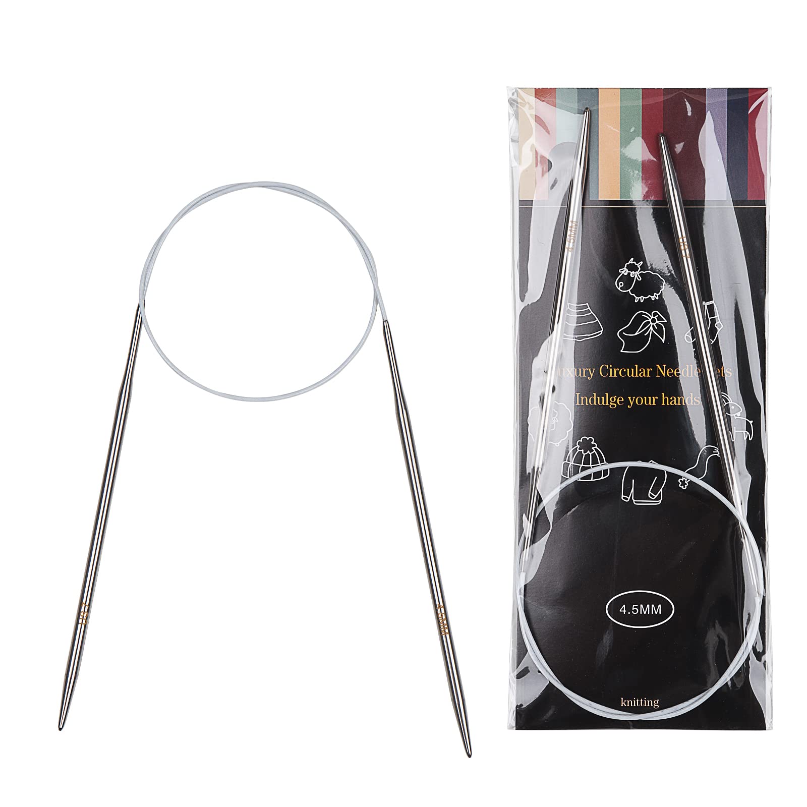 Aeelike 4.5mm Circular Knitting Needles 60cm, Metal Stainless Steel Round Knitting Needles with Fixed Cable for Knitting Hats, Socks and Magic Loop, Circular Needles 4.5mm