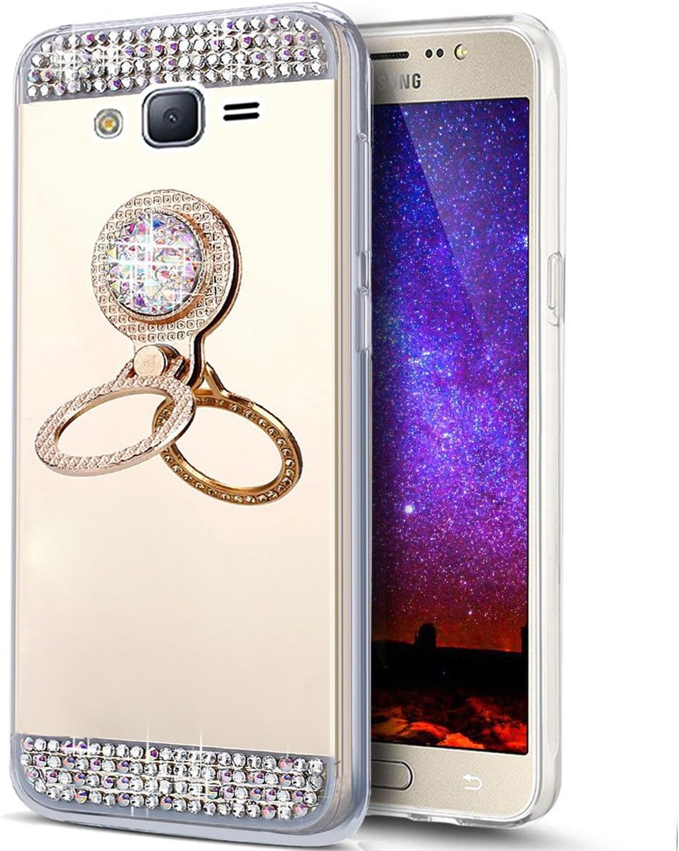EINFFHO Galaxy Grand Prime G530 Case, Rhinestone Diamond Mirror Case [with Rhinestone Ring Holder] Protective Bumper Slim Silicone Cover Case for Samsung Galaxy Grand Prime G530, Gold