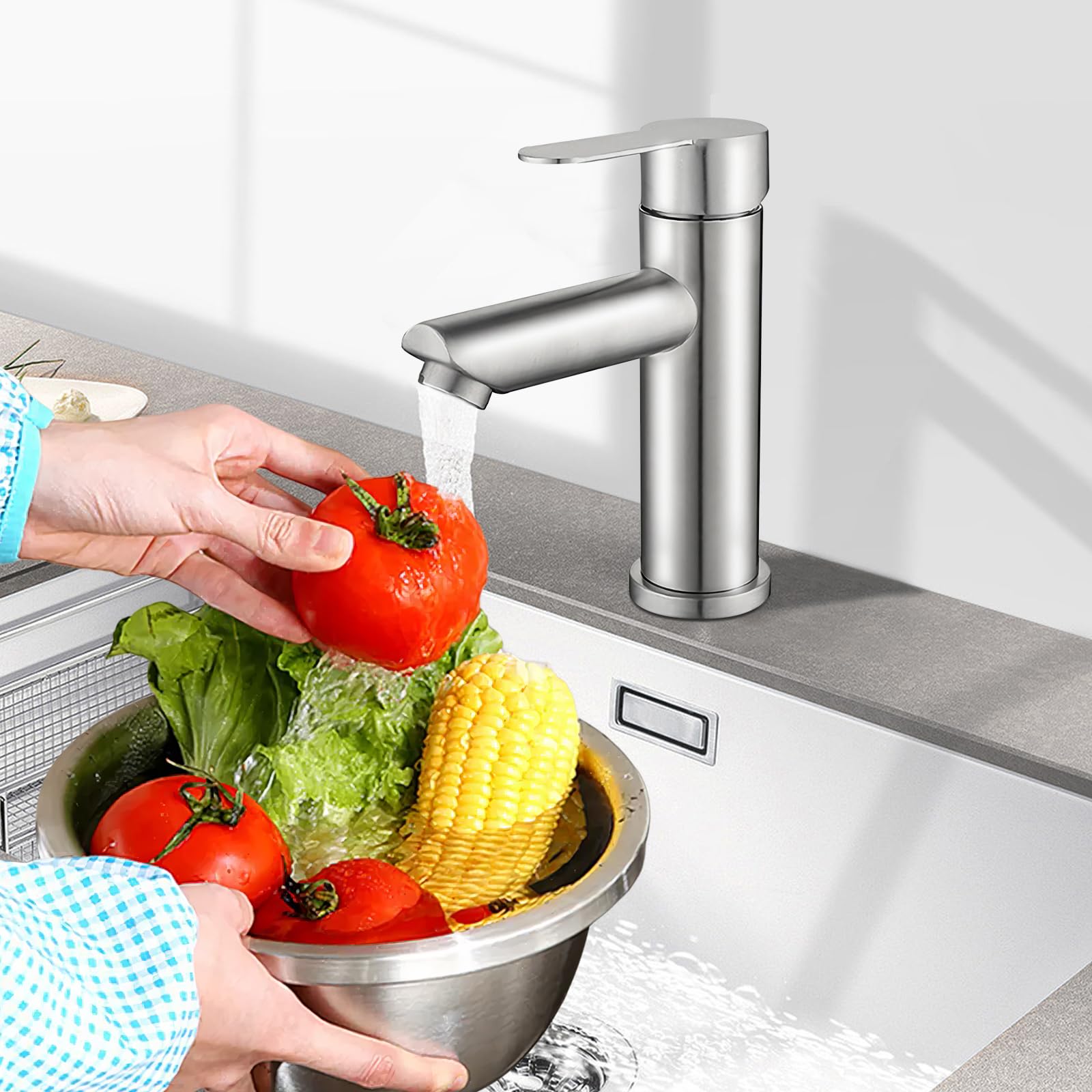 Minicoco Basin Taps，Basin Mixer Tap, Stainless Steel Bathroom Sink Tap Single Lever Hot and Cold Water with UK Standard Hoses, Polished Silver Finish