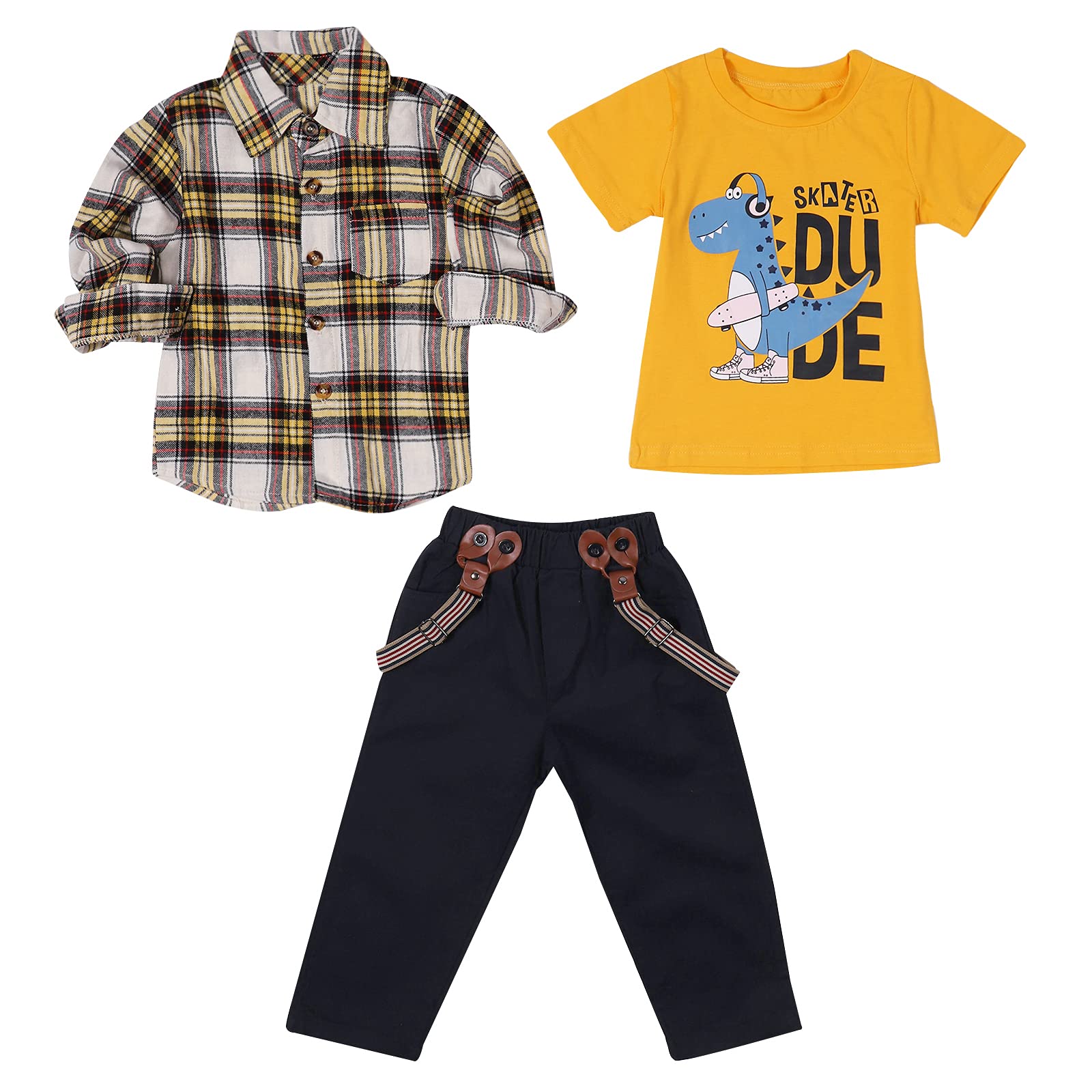 Photo 1 of LUKYCILD 3T Boy Clothes Baby boy Suit Plaid Shirts+car Printing t-Shirt+Jeans 3pcs