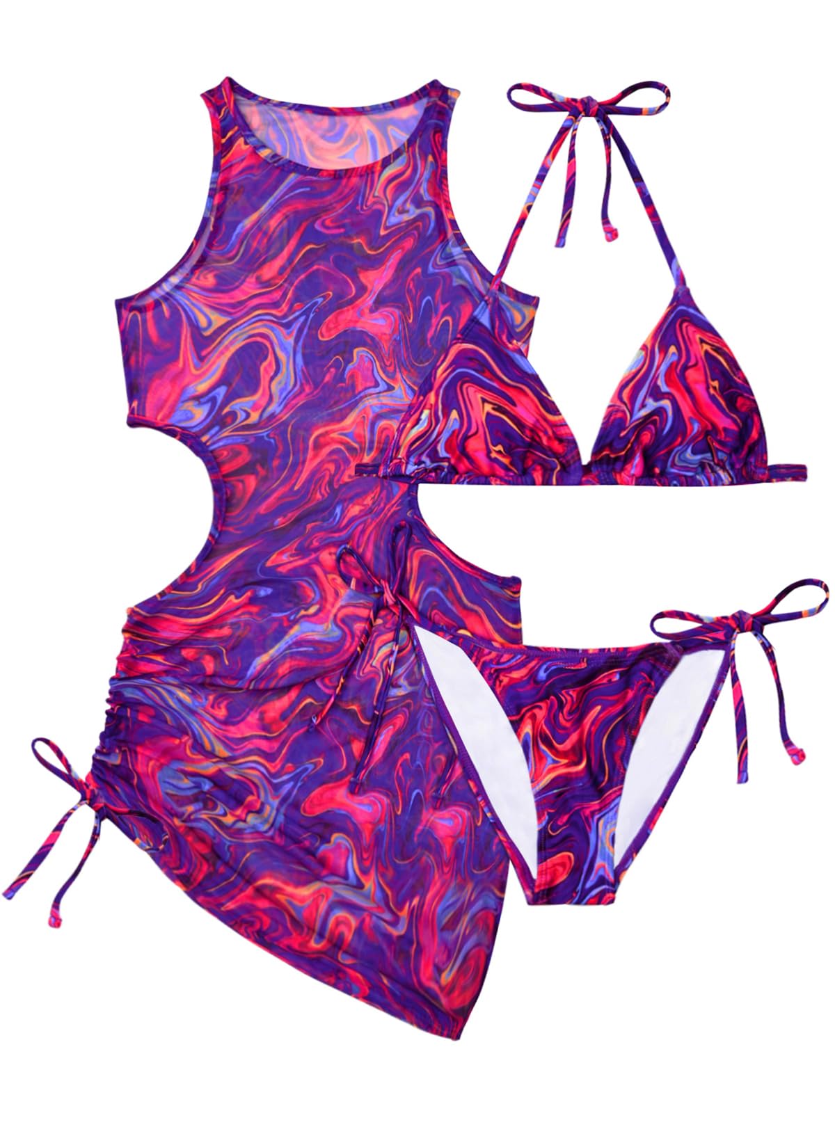 Photo 1 of Pinup Fashion Three Piece Swimsuits Women Purple Colorful Halter Bathing Suit with Beach Mesh Cover Up Set L