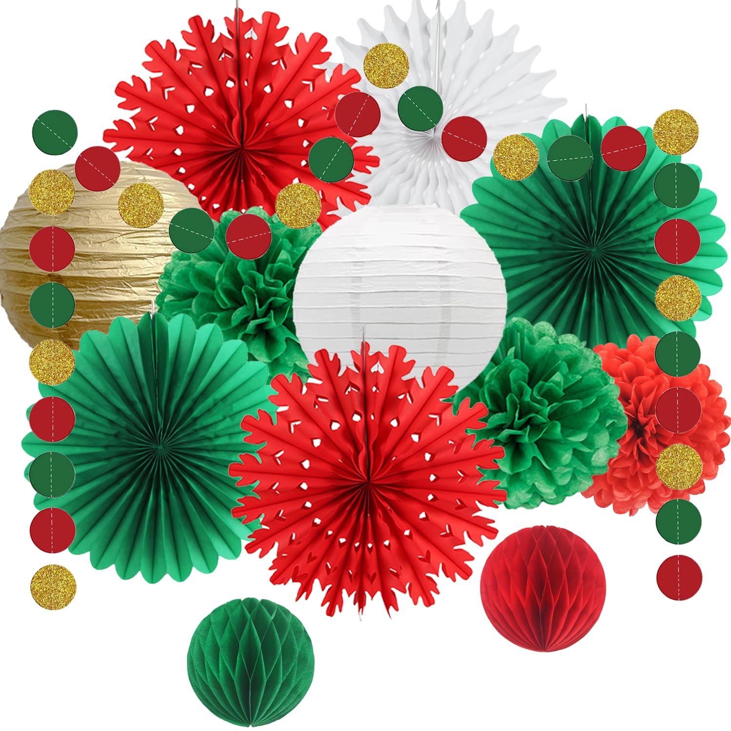 Christmas Decoration Red Green Snowflake Paper Fans Paper Honeycomb Ball Lanterns Red Green Gold Circle Dot Garland for Christmas Party Indoor Home New Year Decorations