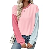 EVALESS Womens Long Sleeve Tops Fall Fashion 2026 Crewneck Color Block Ribbed Knit Casual Loose Fit Pullover Shirts
