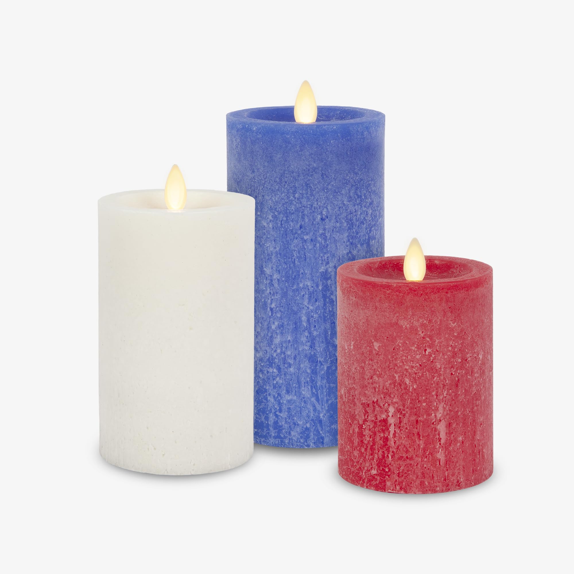 Luminara Red White & Blue Americana Pillar Trio - Set of 3 Flickering Flameless Wax Candles - Battery Operated LED Real Flame Illumination for Patriotic Holiday Decor - Timer - Remote Sold Separately Image