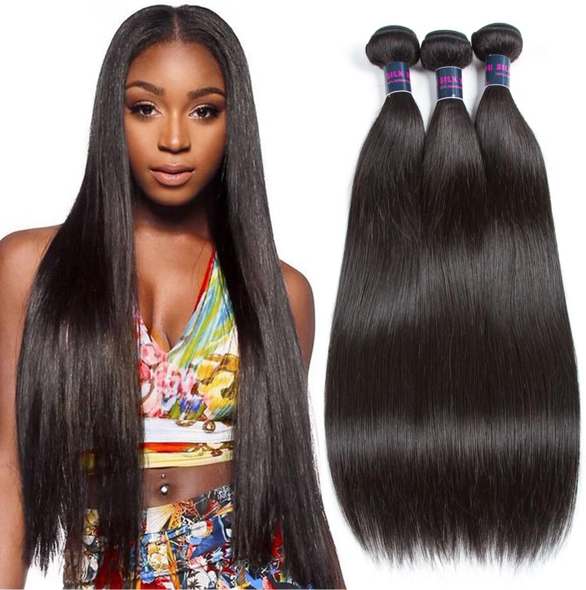 Brazilian Virgin Human Hair Stright 3 Bundles 10A 100% Unprocessed Brazilian Hair Weave Extensions Natural Color（100g±5g Each Bundle) (16 18 20, NATURAL)