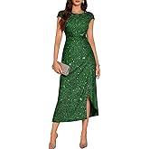 DRESSTELLS Women's Sparkly Formal Wedding Guest Dresses, Sequin Cocktail Party Evening Prom Slit Maxi Dress