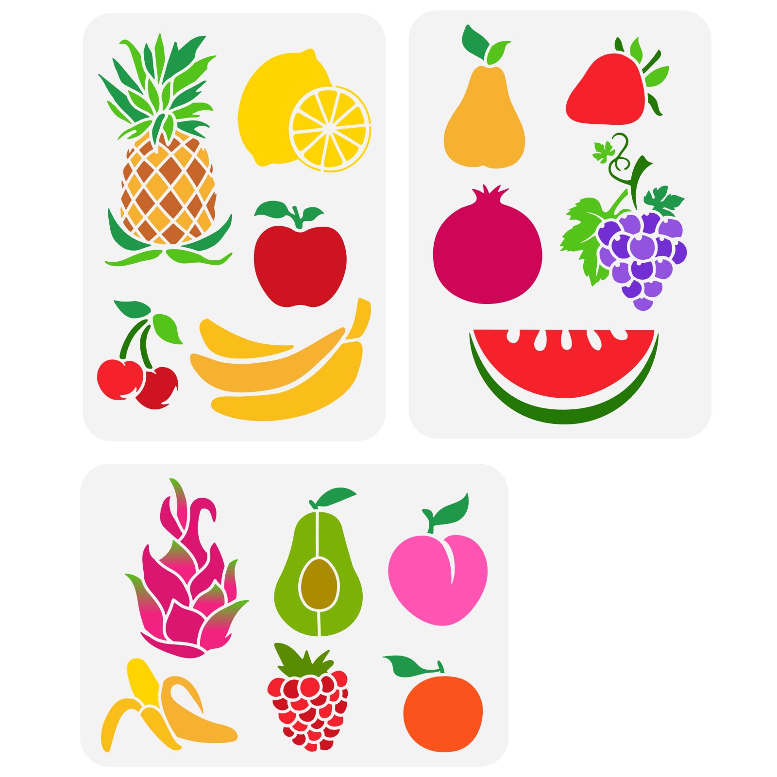 FINGERINSPIRE 3PCS Fruits Painting Stencil 29.7x21cm Hollow Out Banana Lemon Cherry Avocados Stencil Reusable Plastic Strawberry Pear Watermelon Drawing Stencils for Wall, Canvas Bag, Paper