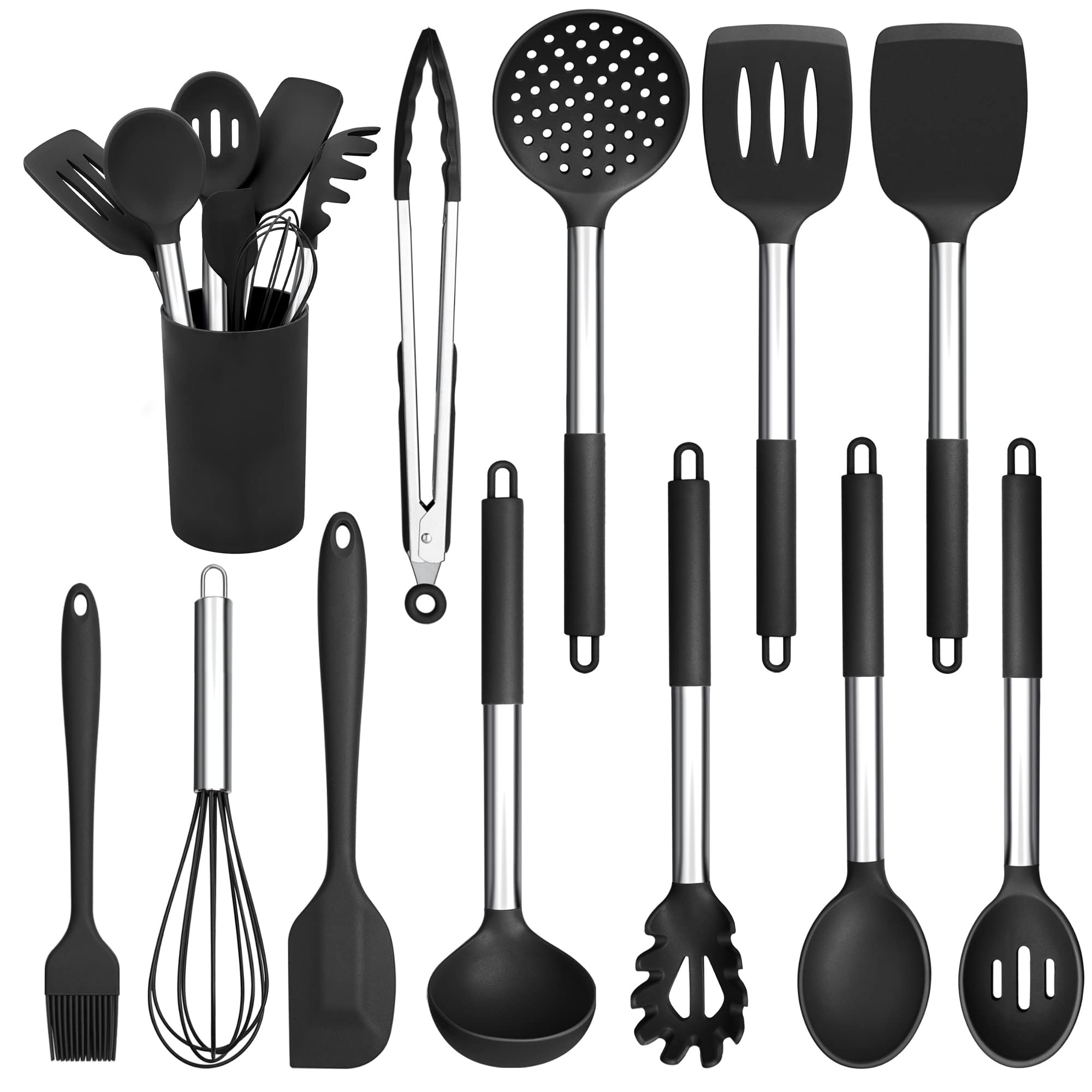 Herogo Kitchen Utensils Set, 12 Pieces Silicone Cooking Utensils with Stainless Steel Handle, Heat Resistant Cooking Tools Turner Spoon Spatula Set with Holder, Easy to Clean - Black