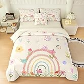 6 Pieces Colorful Rainbow Comforter Set Twin for Girls, Cartoon Love Hearts Flowers and Grass Rainbow Bedding Set, Soft Microfiber Bedding Sets in a Bag with Comforter, Sheets, Pillowcases