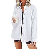 HOTOUCH Waffle Button Down Shirts for Women Dressy Casual Work Shacket V Neck Long Sleeve Lightweight Tops with Pocket