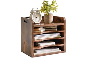 YMYNY Desktop File Organizer with Handle, Document Letter Mail Tray Sorter with 3 Adjustable Shelves, 5 Tiers Paper Holder for School Home Office Desk, Rustic Brown,13.4 * 12.4 * 9.06" UHBC006H