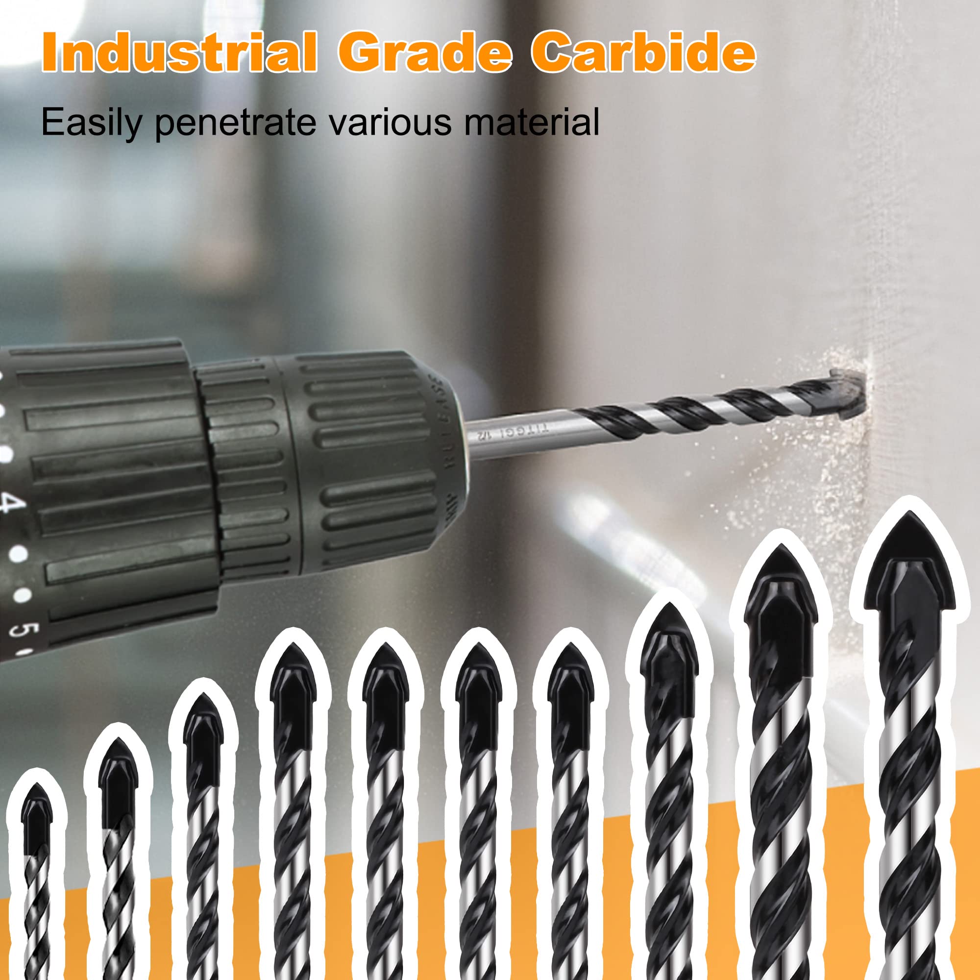10PCS Masonry Drill Bit Set & Concrete Drill Bit Set, Extension Professional Carbide Drill Bit Set for Glass/Brick/Plastic/Cement/Wood/Tile/Etc, 1/8