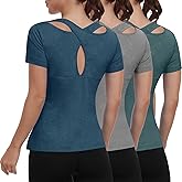 Sicnebee Women T-Shirts Short Sleeve Open Back Crop Workout Top UPF 50+ Crewnecck Dry Fit Athletic Tee Shirt Yoga Shirt 2025