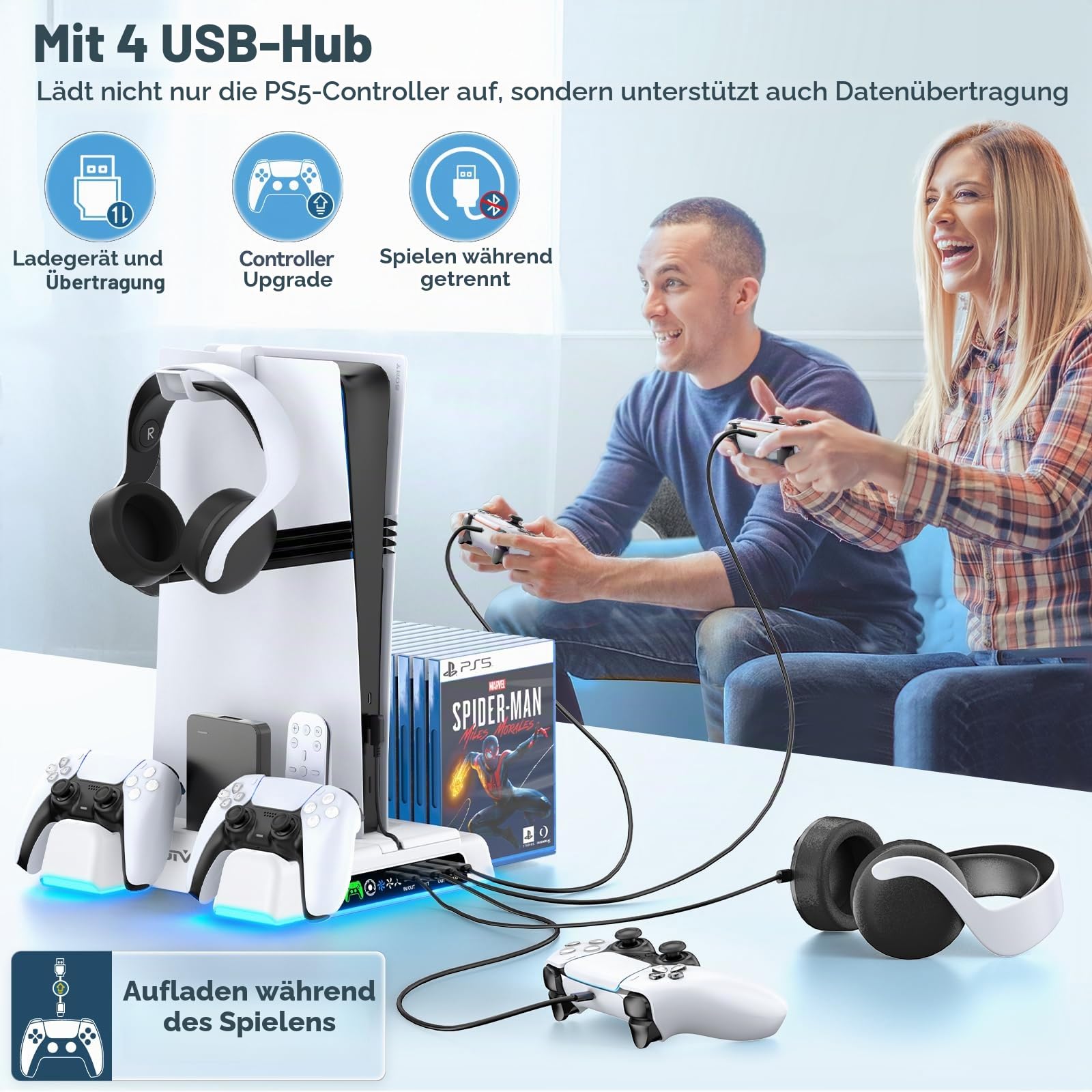OIVO PS5/PS5 Slim/PS5 Pro Ständer mit 3 stufig Lüfter und Licht, PS5 Standfuß mit 4 USB Ports/Controller Ladestation/Headset Halter/Remote Steckplatz/14 Spiele Aufbewahrung für PS5 Zubehör 7