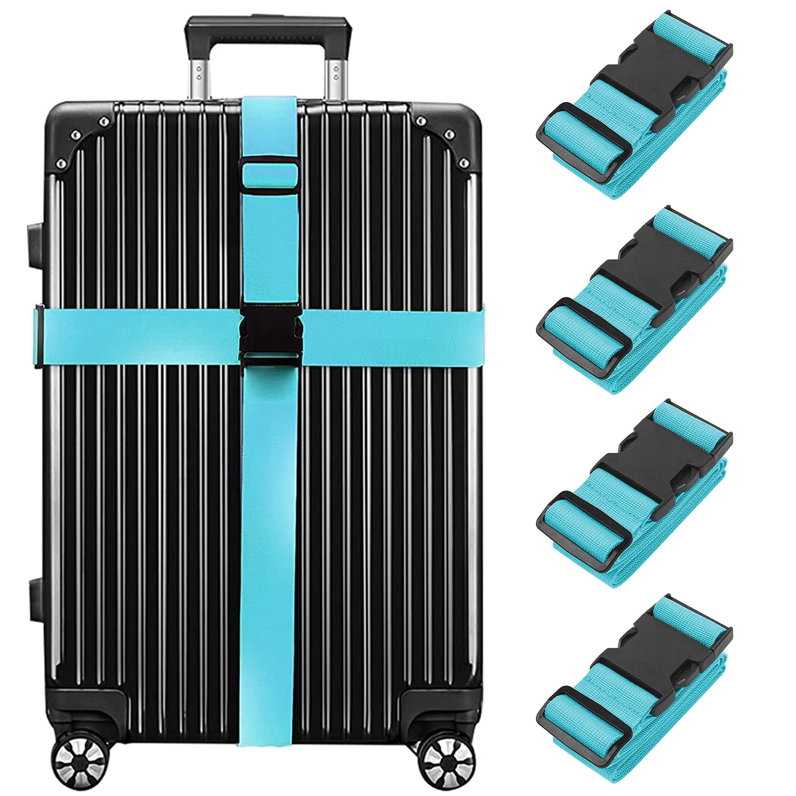 Newthinking Luggage Straps for Suitcase 4 Pack, Heavy Duty Adjustable Suitcase Bands with Buckle, Blue Luggage Identifier Belts for Travel Case, 3.8x200CM