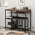 Gyfimoie Bar Table and Chairs Set with Power Outlet, Pub Table and Chairs Set for 2 with 2 Storage Shelves, 3 Piece Table Set with Wine Rack&Glass Holder for Living Room,Dining Room,Small Apt (Rustic)