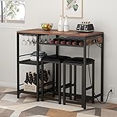 Bar Table and Chairs Set with Power Outlet, Pub Table and Chairs Set for 2 | 3 Piece Table Set with 2 Storage Shelves, Wine Rack &amp; Glass Holder, for Living Room, Dining Room, Small Apt