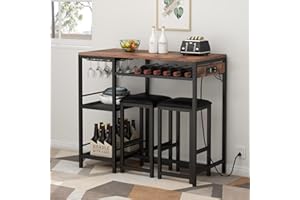 Gyfimoie Bar Table and Chairs Set with Power Outlet, Pub Table and Chairs Set for 2 with 2 Storage Shelves, 3 Piece Table Set with Wine Rack&Glass Holder for Living Room,Dining Room,Small Apt (Rustic)
