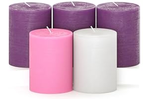CANDWAX 3x4 Inch Advent Pillar Candles Set of 5 - Long Burning Dripless Unscented Pillar Candles - Rustic Style for Advent Wreaths, Christmas Décor - 3 Purple, 1 Pink and 1 White Pillars