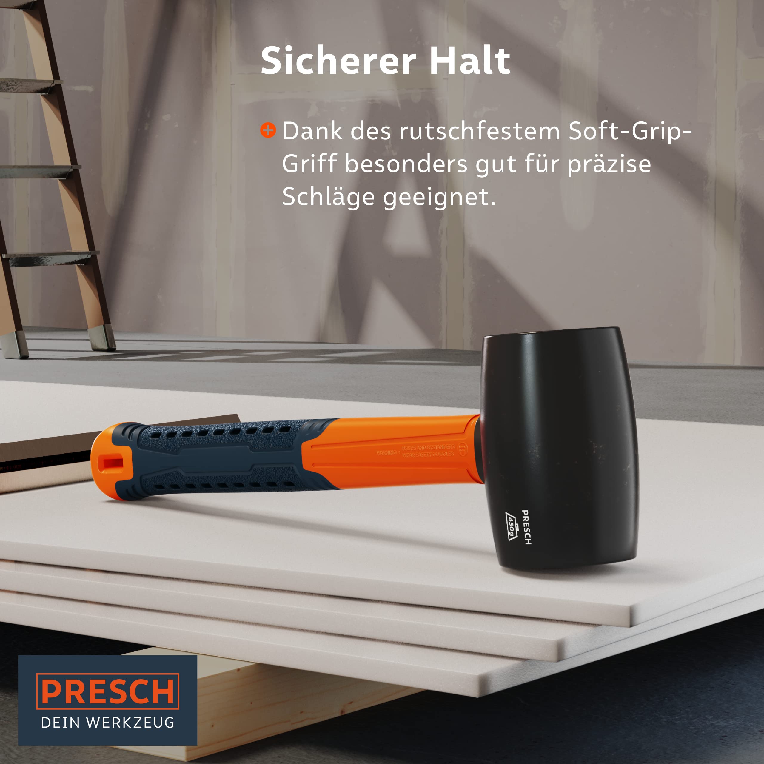 PRESCH Gummihammer Schwarz 450g - Hartgummihammer mit Fiberglasstiel | ⌀=55mm - Schwarzer Naturkautschuk für Outdoor - Langlebiger Schonhammer für Outdoor, Camping, Steine uvm. 5
