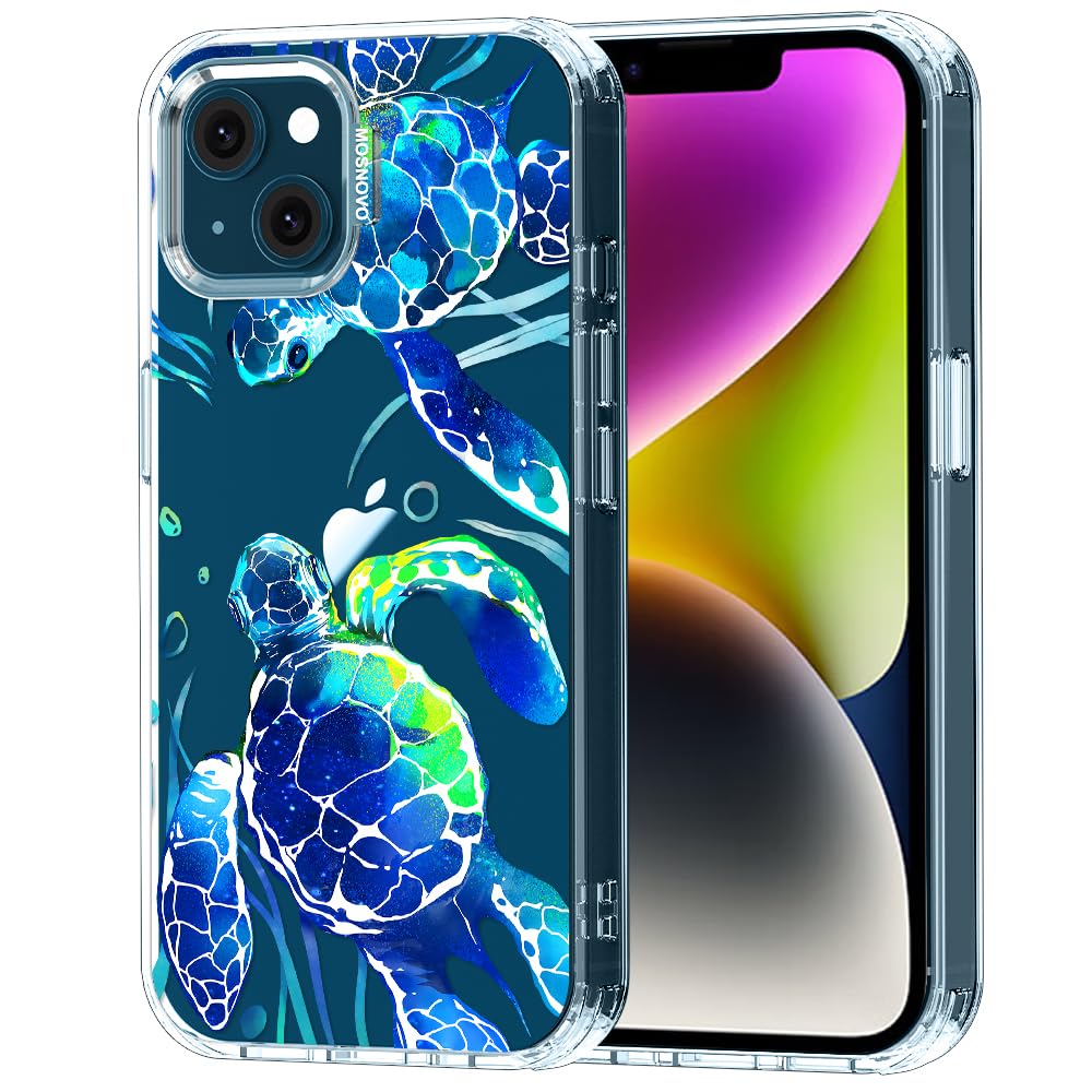 MOSNOVO Case for iPhone 13/14, [Buffertech 6.6ft Military-Grade Drop Protection] [Anti Peel Off Tech] Clear TPU Bumper Phone Case Cover Design - Sea Turtles