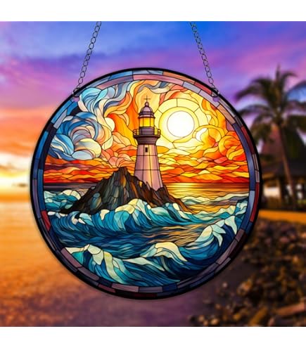 Lighthouse Stained Glass Suncatcher, Beach Window Hangings Decor For Nature Lovers - View #4