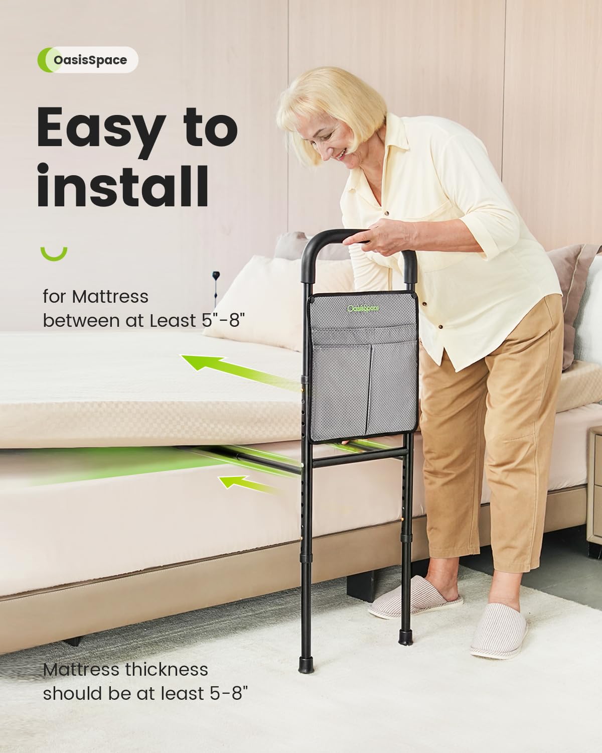 OasisSpace Bed Assist Rail - Bed Assist bar with Storage Pocket - Adjustable Bed Rails for Seniors, Elderly, Handicap - Assistance for Getting in & Out of Bed At Home - Fit Queen, King, Full, Twin