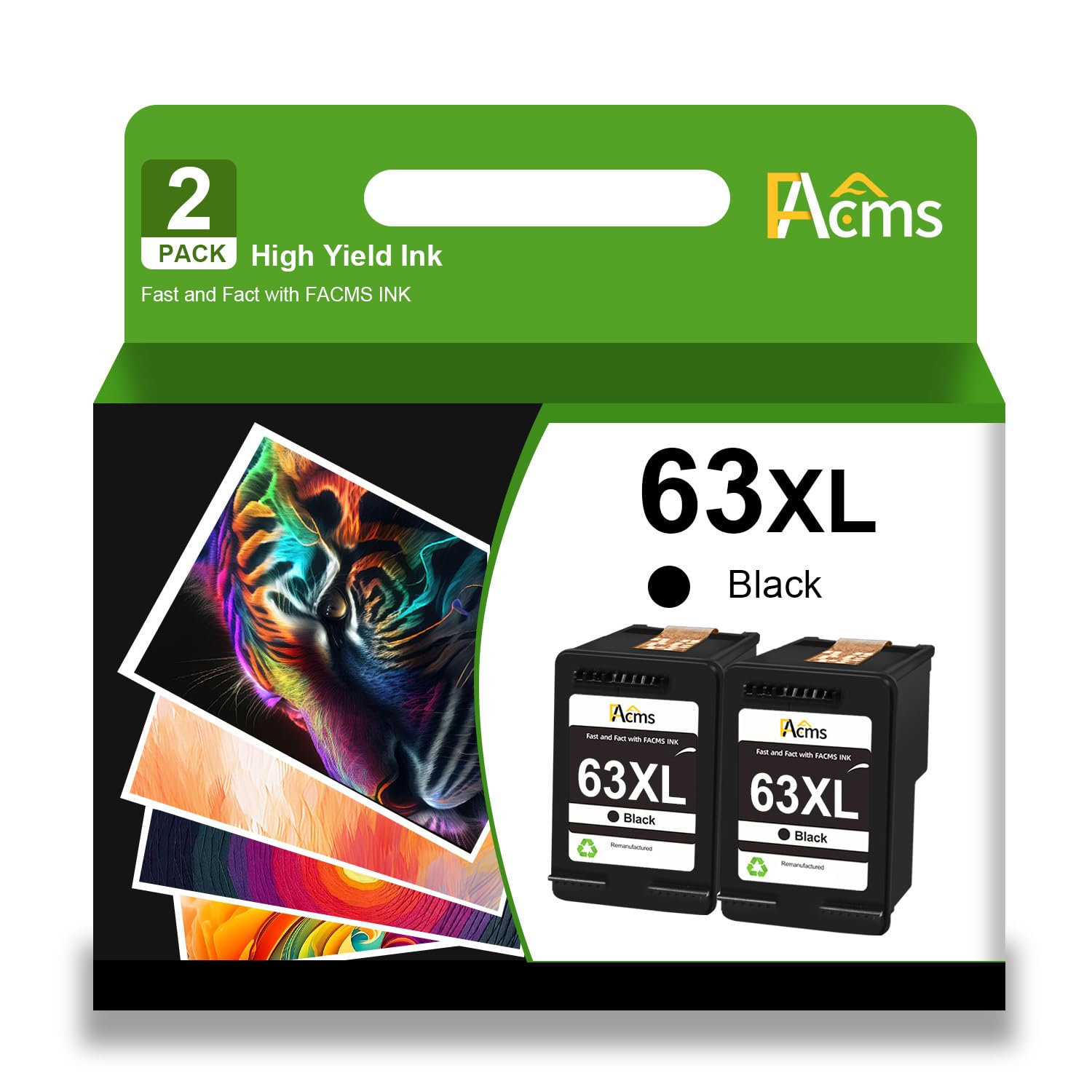 Photo 1 of FACMS Remanufactured 63xl Black Ink Cartridge Replacement for HP 63 63XL for HP OfficeJet 3830 5255 5258 Envy 4520 4512 4513 4516 DeskJet 1112 1110 3630 3632 3634 2130 2132 Printer (2 Black)