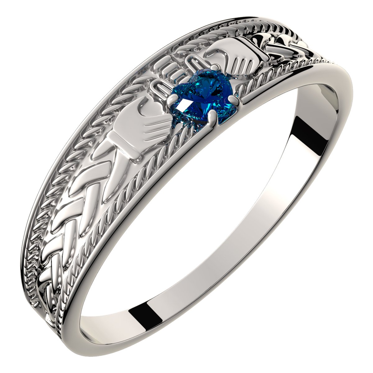 GWG Jewellery 925 Sterling Silver Claddagh Ring with Heart Shaped Sapphire Blue Stone, Hands, and Crown – 9 in Gift Box for Women