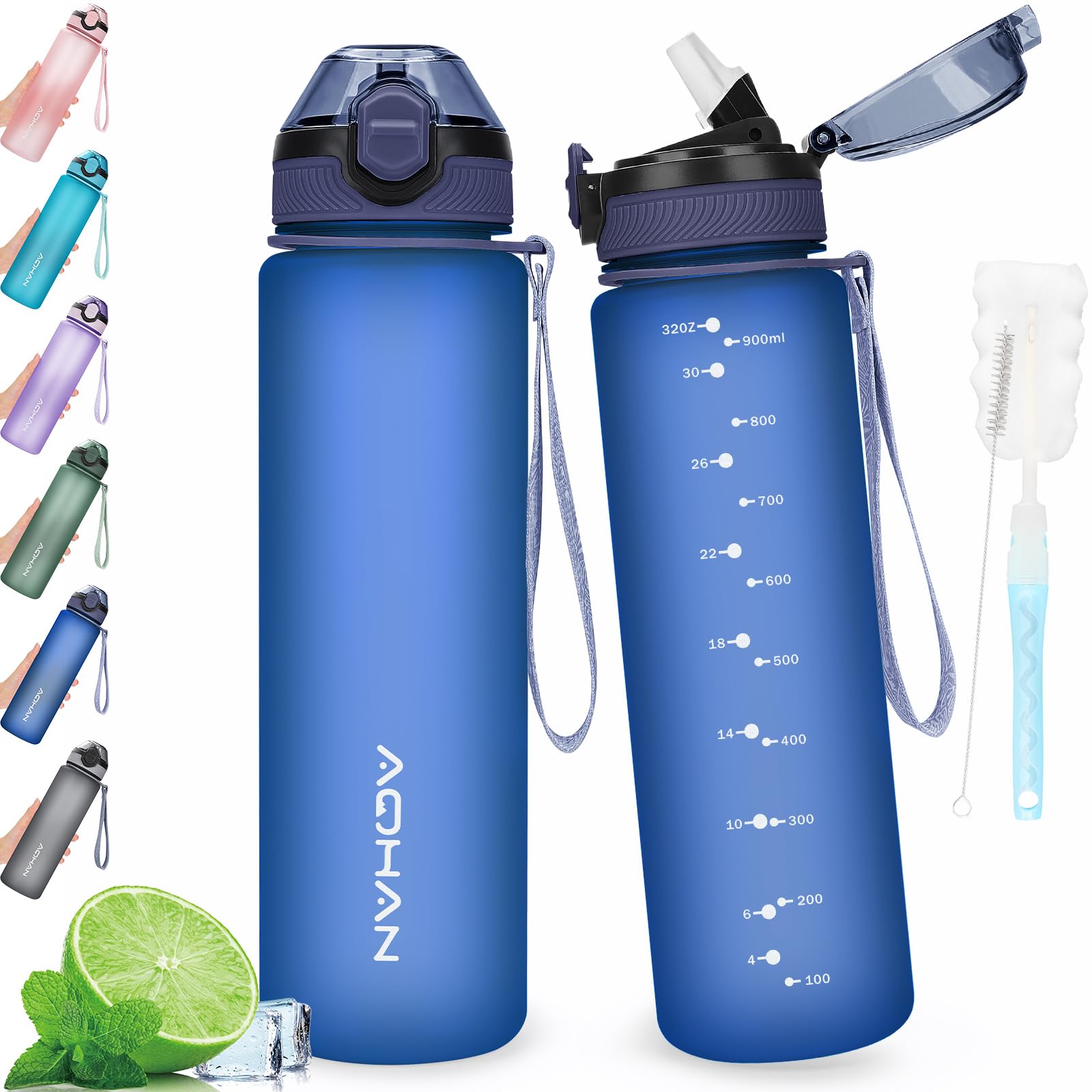 AOHAN Water Bottle 1L with Leak Proof Flip Top Lid, BPA Free Sport Drinking Bottle with Straw, Dishwasher Safe Water Bottle Non-Toxic Water Jug with Carrying Strap
